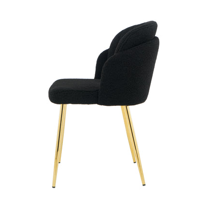 Modern simple black teddy fleece dining chair Fabric Upholstered Chairs home bedroom stool back dressing chair gold metal legs(set of 2)