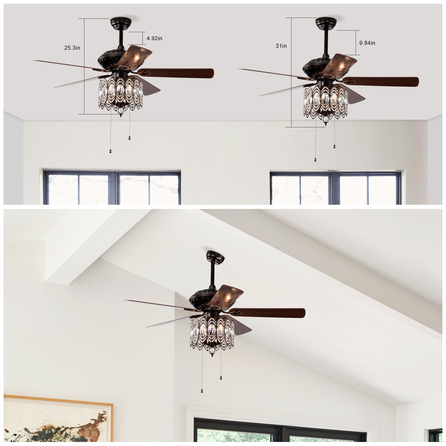 52'' Classical Crystal Ceiling Fan Lamp,3 Speed , 5 Reversible Blades for Living Room, Dining Room, Bedroom, Family Room, Rustic bronze ,3PCS*E12  (NO Include Bulb, Hand Pull Chain)