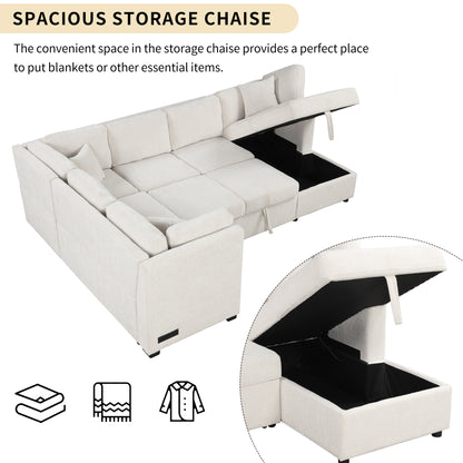 108.6" U-shaped Sectional Sofa Pull out Sofa Bed with Two USB Ports, Two Power Sockets, Three Back Pillows and a Storage Chaise for Living Room, Beige