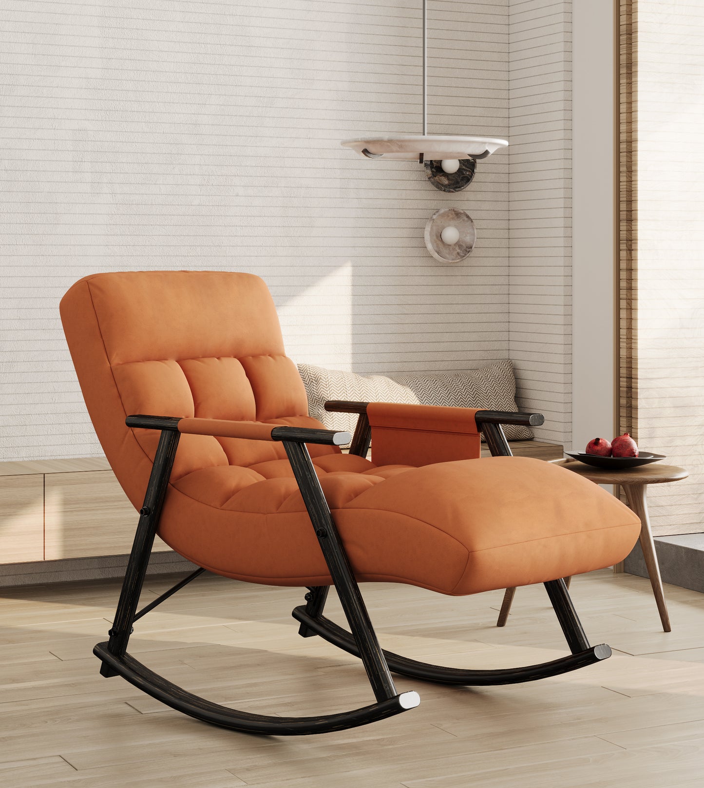 Casual folding rocking chair upholstered, lounge rocking chair adjustable high back and foot rest,side pockets placed in living room bedroom balcony