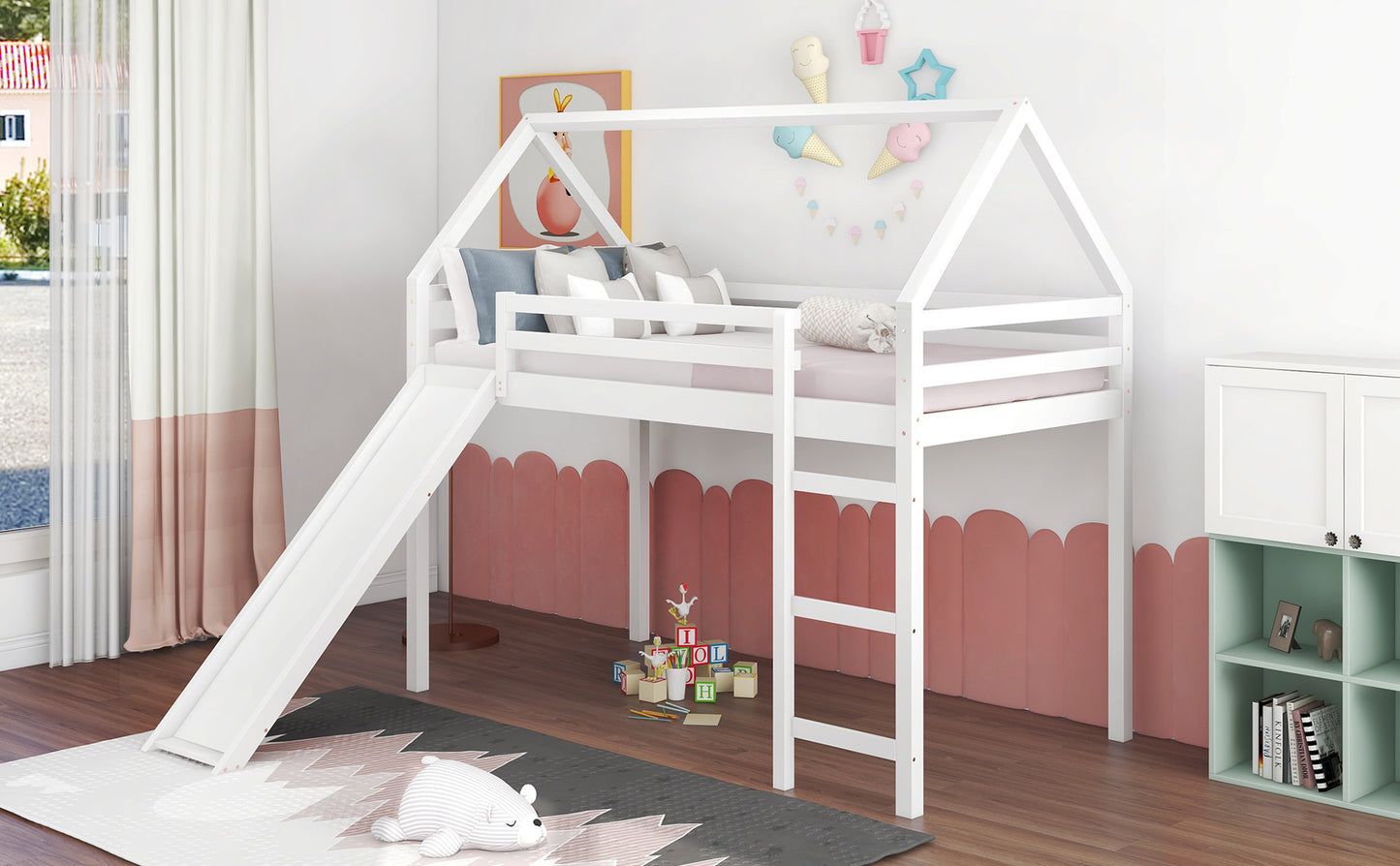 Twin Size Loft Bed with Slide, House Bed with Slide,White(OLD SKU :WF281158AAK)