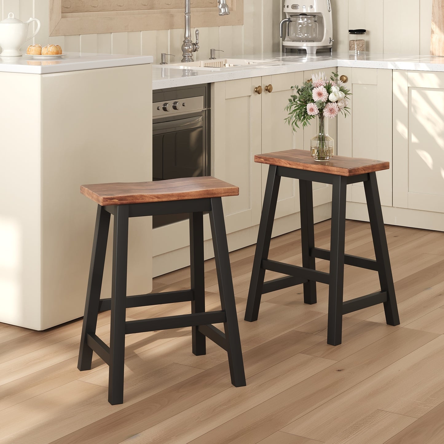 TOPMAX Farmhouse Rustic 2-piece Counter Height Wood Kitchen Dining Stools for Small Places, Walnut+Black