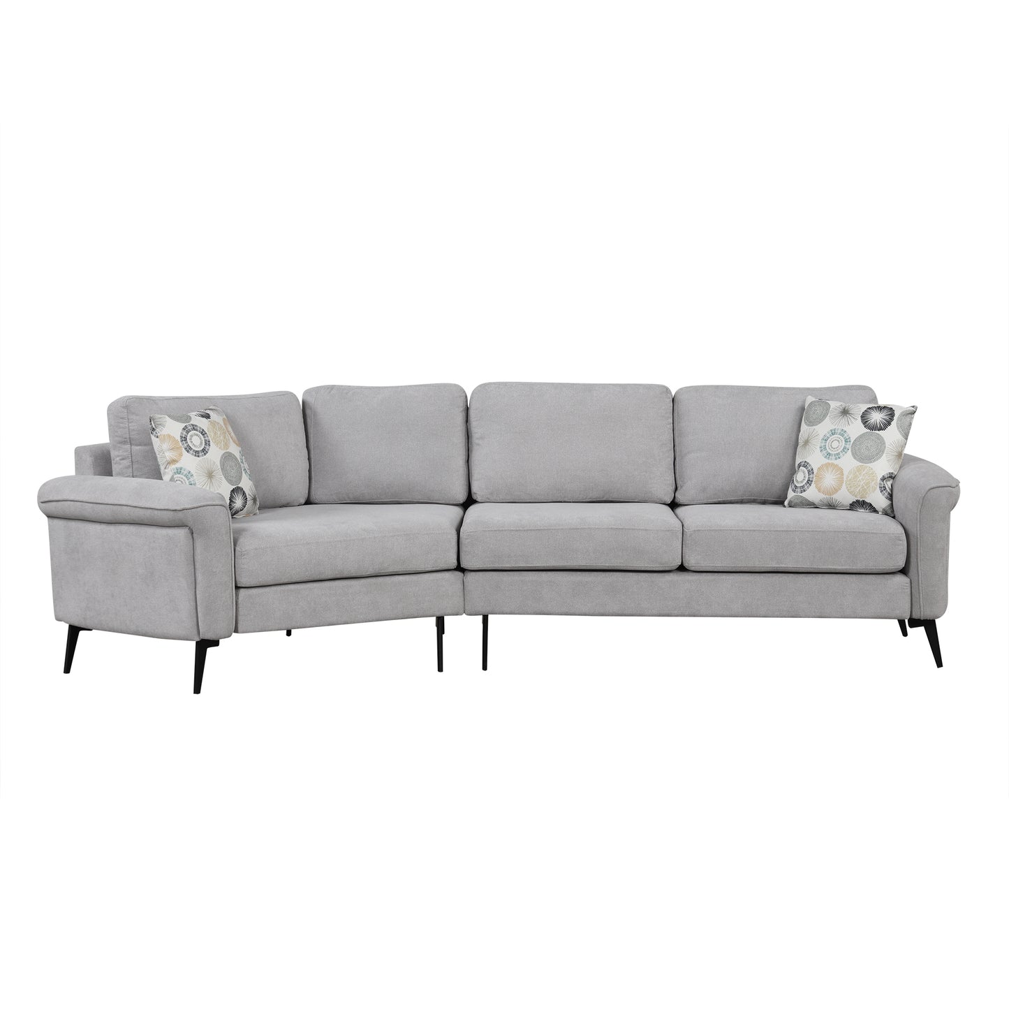 111' Upholstered 3-Seater Sofa with Curved Design and Two Printed Pillows, Gray Chenille, 111' Wide
