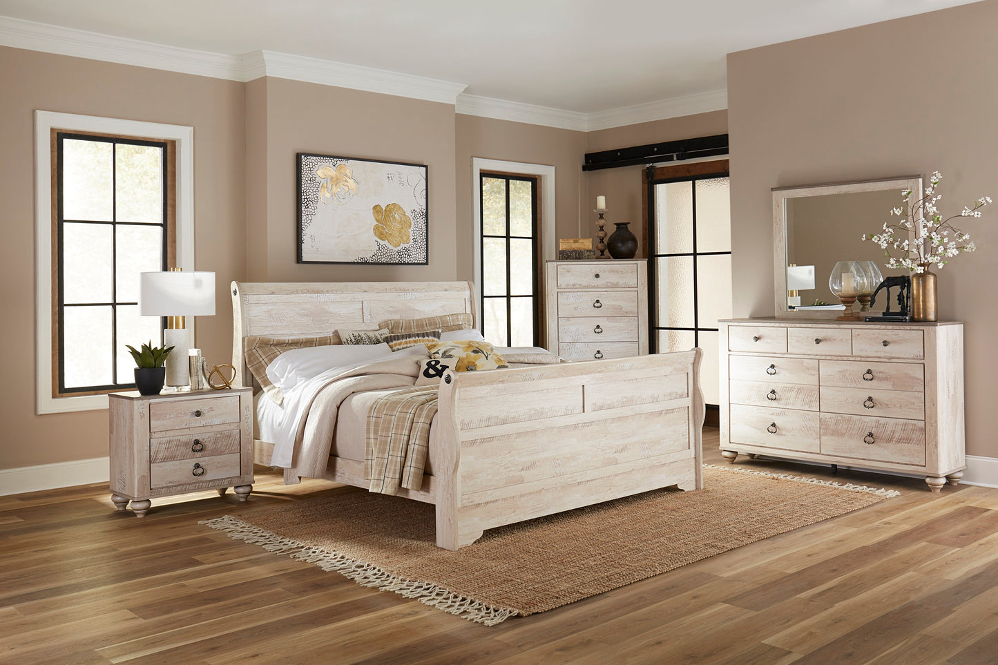 Imerland Contemporary White Wash Finish Bedroom Set with King Sleigh Bed, Dresser, Mirror, Nightstand, Chest