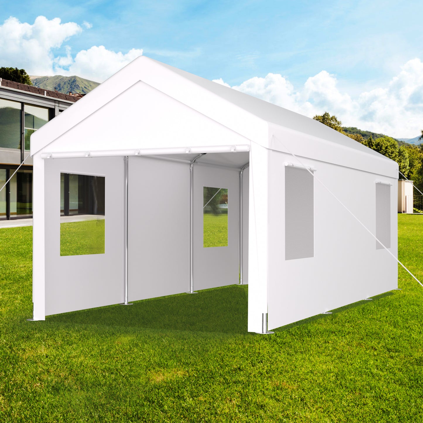 Carport 12' x 20' Portable Garage, Heavy Duty Car Port Canopy with 2 Roll-up Doors & 4 Ventilated Windows for Car, Truck, Boat, Garden Tools,white