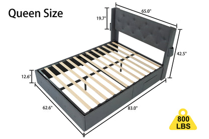 Queen Size Bed Frame with Storage - Lift Up Storage Bed with Modern Wingback Headboard, USB Ports