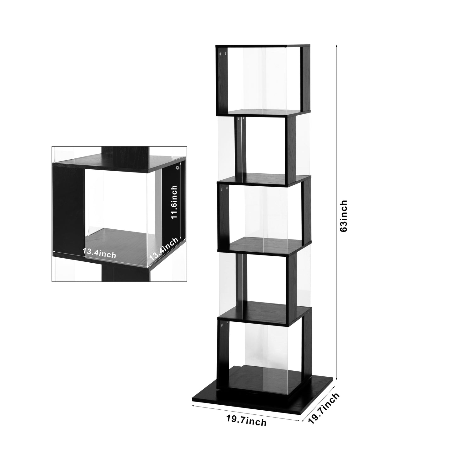 5 tier Rotating Bookshelf, Floor Rack Simple Bookcase  with Acrylic plate Student Multi-Function Creative Bookshelf for Living Room with anti-toppling base