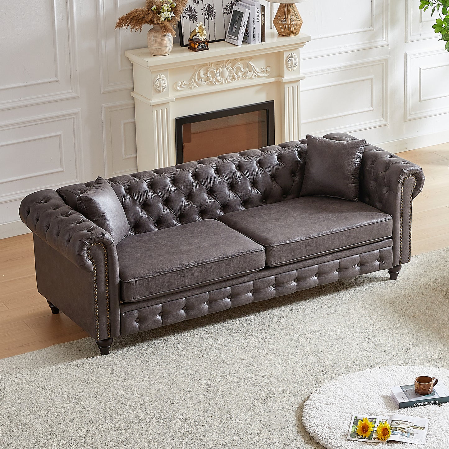 FX 85.5"Living Room with Tech Fabric Chesterfield Sofa with Rolled Arms 3 Seater Sofa with Button Design and 2 Cushions for Apartment, Office, Living Room