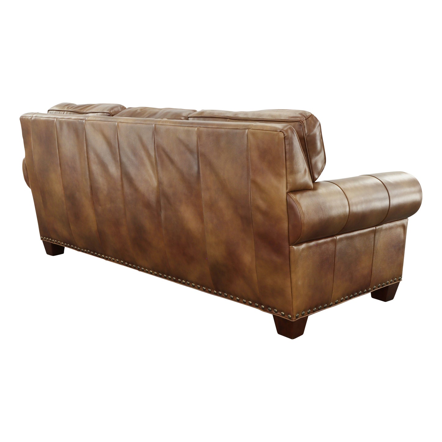 Rustic Styled Leather Sofa - Premium Construction, Top-Grain Leather - Eight-Way Hand-Tied Springs, Nail-Head Trim, Contrasting Pillows