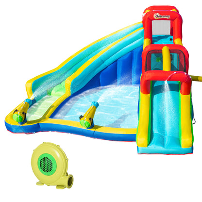 Outsunny 5-in-1 Inflatable Water Slide Kids Bounce House Water Park Jumping Castle Includes Trampoline Slide Water Pool Cannon Climbing Wall with Carry Bag, Repair Patches, 450W Air Blower