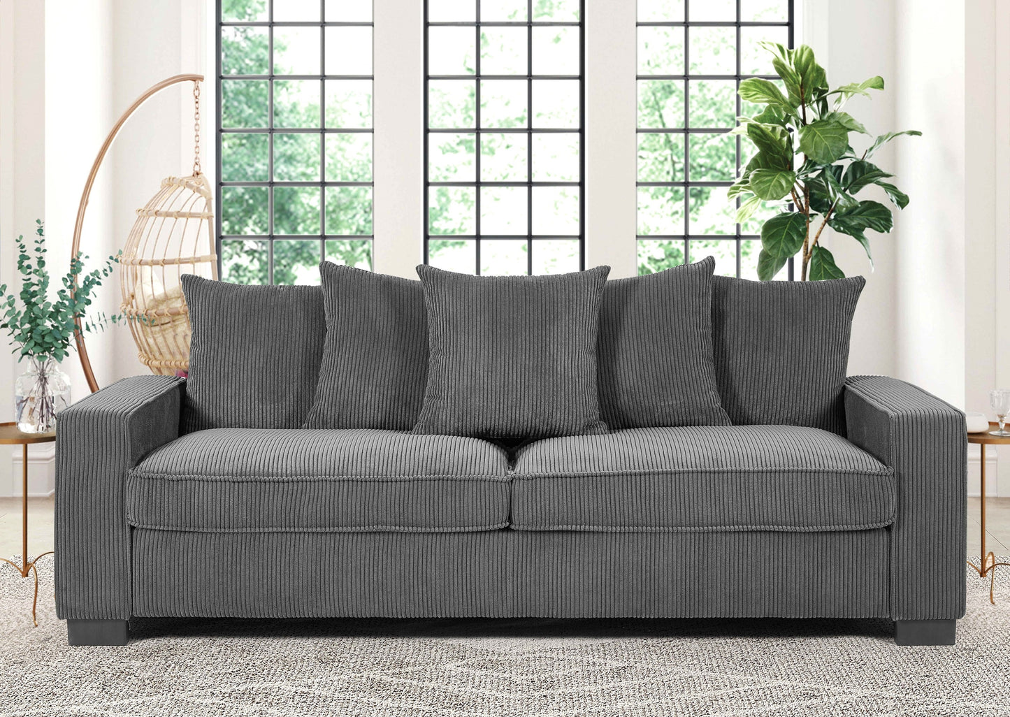 Luxe Corduroy Sofa with 5 Matching Toss Pillows, Sleek Design, Spacious and Comfortable 3 Seater Couch for Modern Living Room, Large, Grey