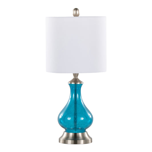 Jasmine 22" Contemporary Glass Accent Lamp in Clear Sapphire Blue Seeded Glass, Brushed Nickel and White Linen Shade from Grandview Gallery by LumiSource