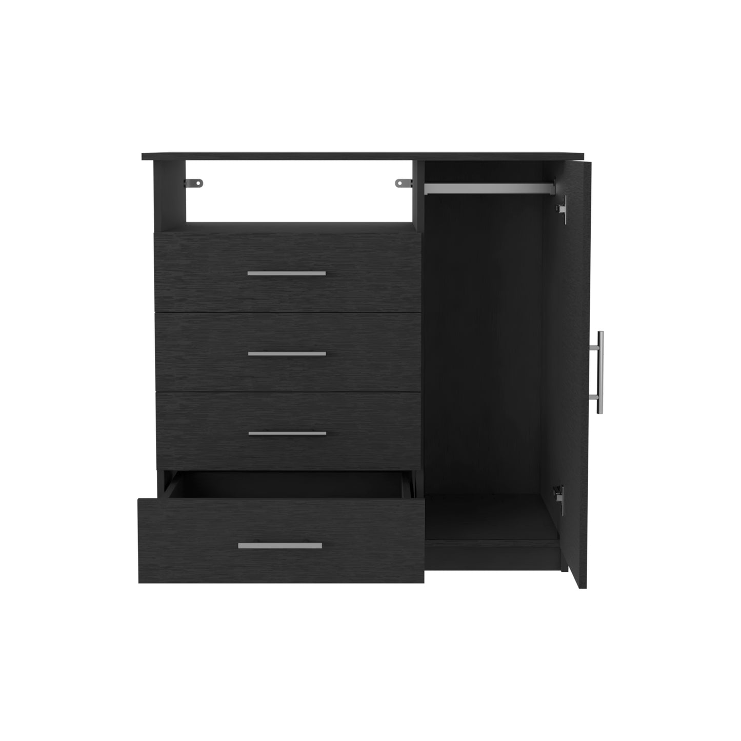 4 Drawer Dresser, One Open Shelf, Superior Top, Single Door Cabinet, Black