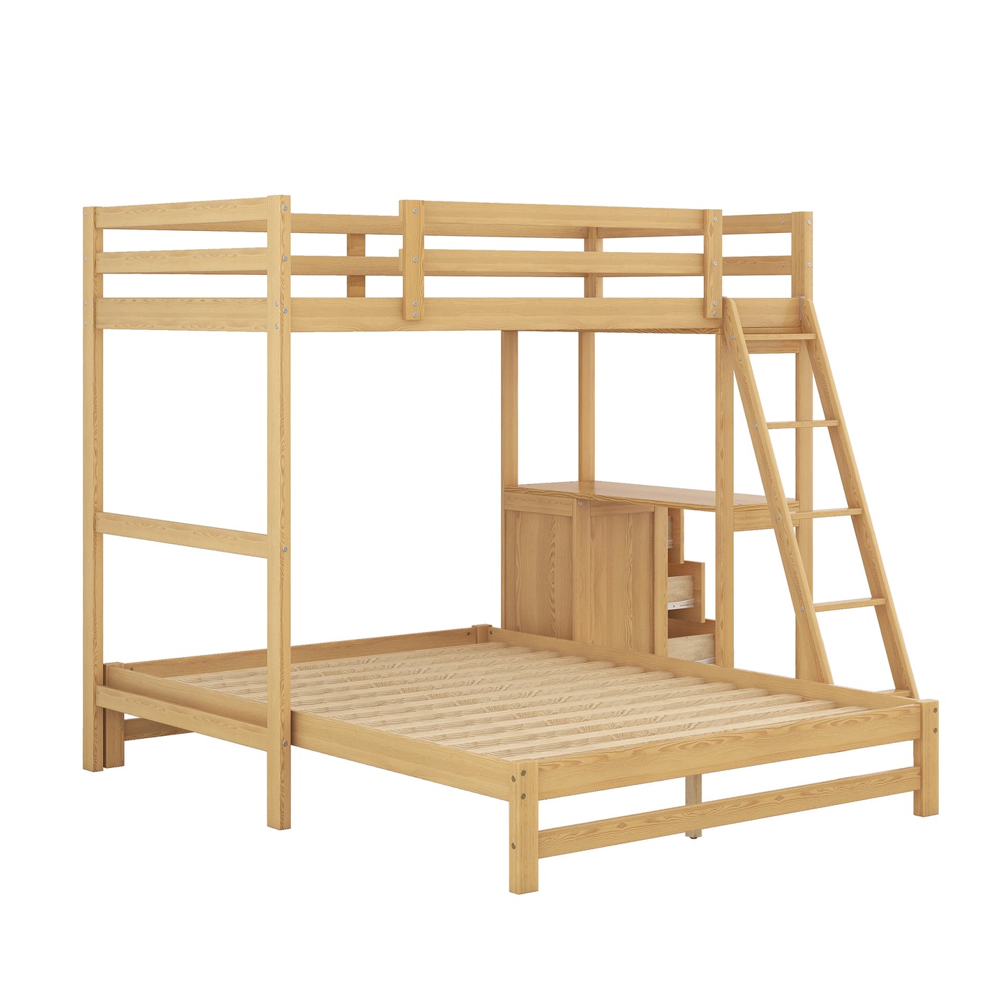 Twin over Full Bunk Bed with Built-in Desk and Three Drawers in Natural Finish, Solid Pine Wood and MDF, 77''L x 77.5''W x 64''H