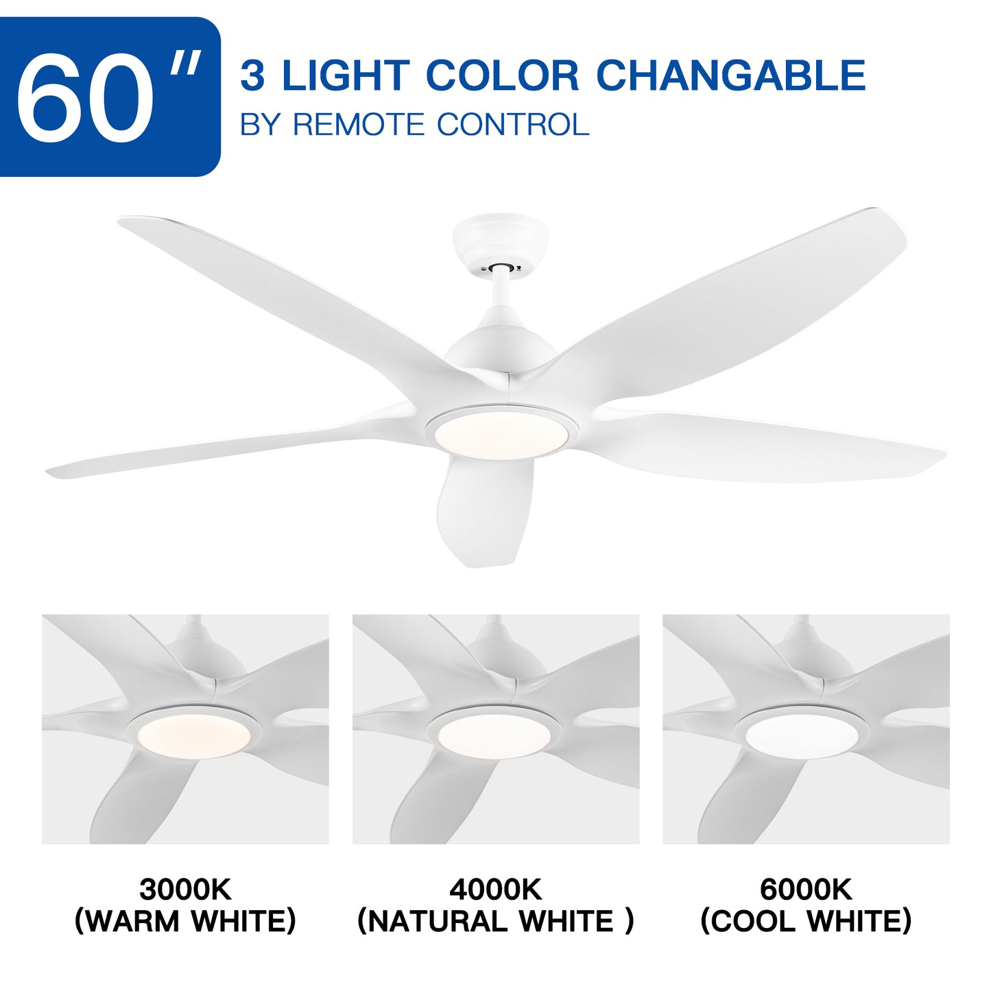 Modern 60 In Intergrated LED Ceiling Fan Lighting with White ABS Blade