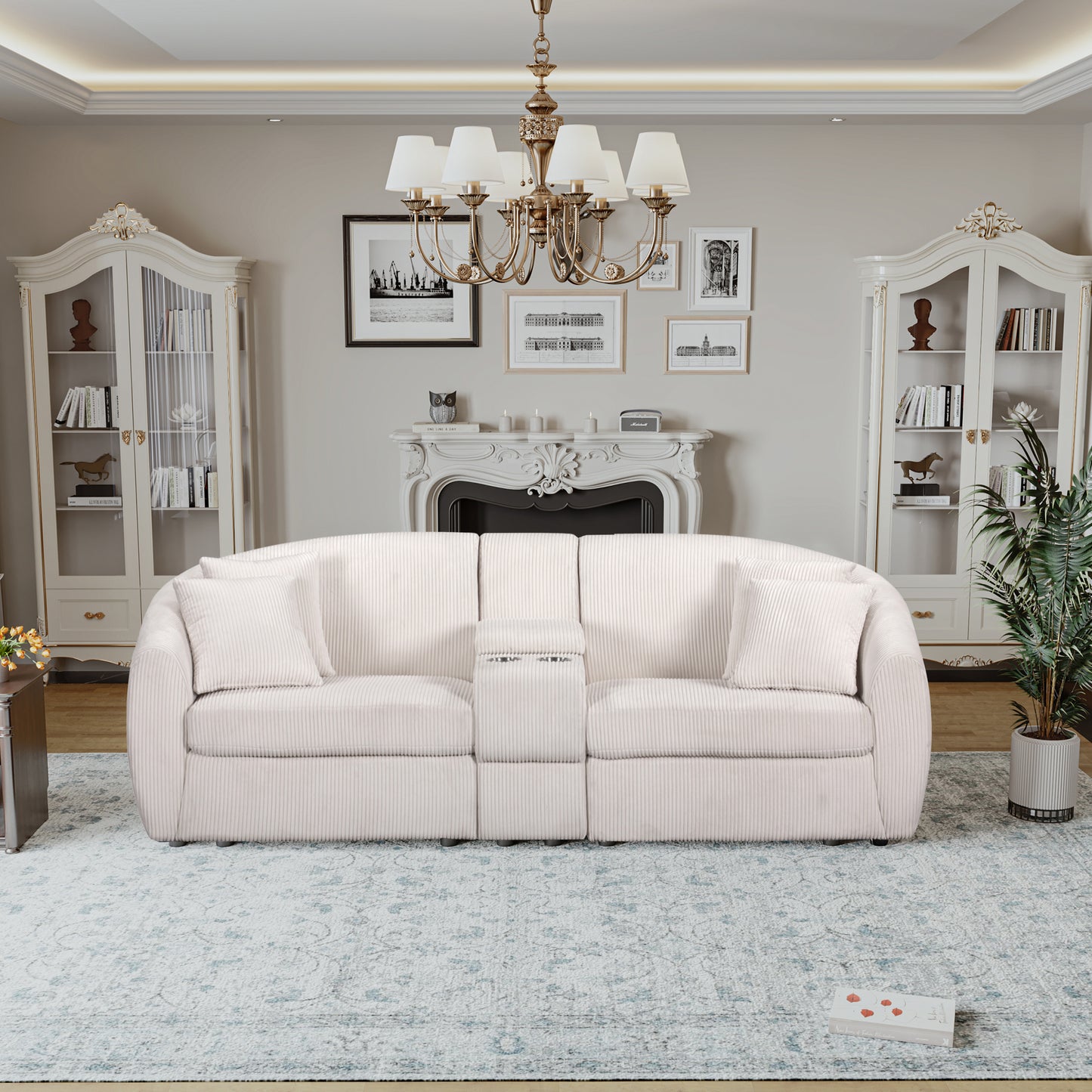 UNITED WE WIN corduroy fabric, two cup holders, storage, oversized two-seat, solid wood frame, high quality sponge filling, curved placement sofa