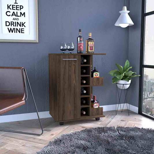 Bar Cart, Four Casters, Single Door Cabinet, Two External Shelves, Dark Walnut