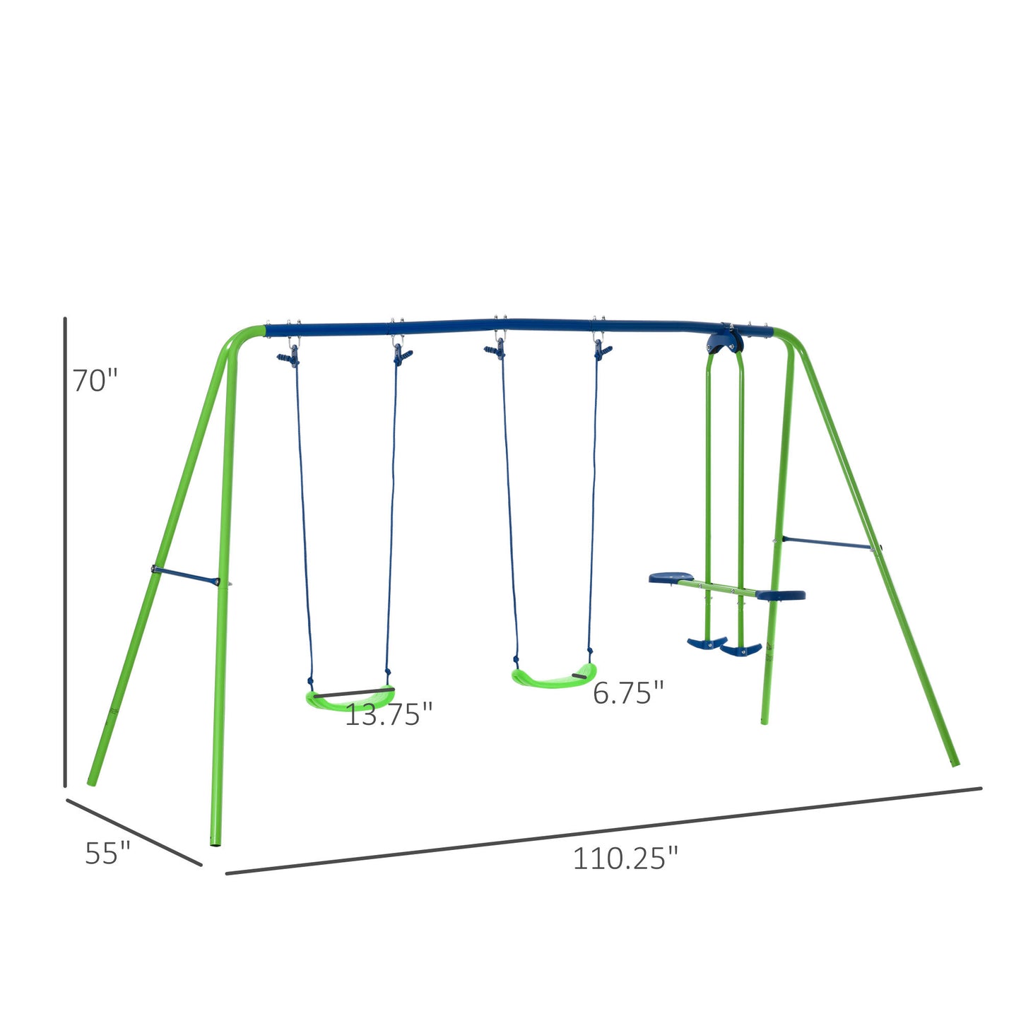 Outsunny Metal Swing Set with Glider, Two Swing Seats and Adjustable Height, Outdoor Heavy Duty A-Frame Suitable for Playground, Backyard, Green