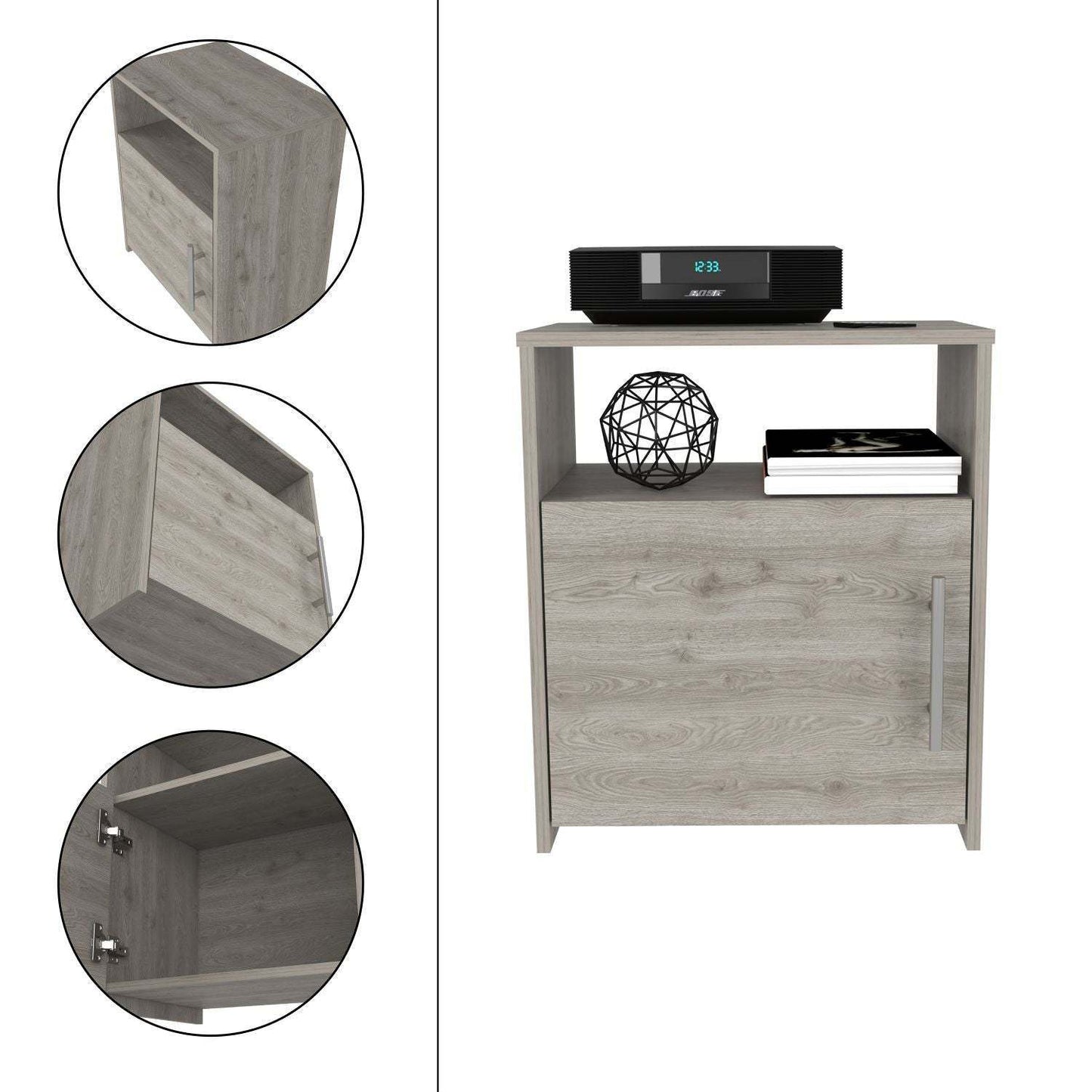 Nightstand, Single Door Cabinet, Metal Handle, One Shelf, Superior Top, Light Gray