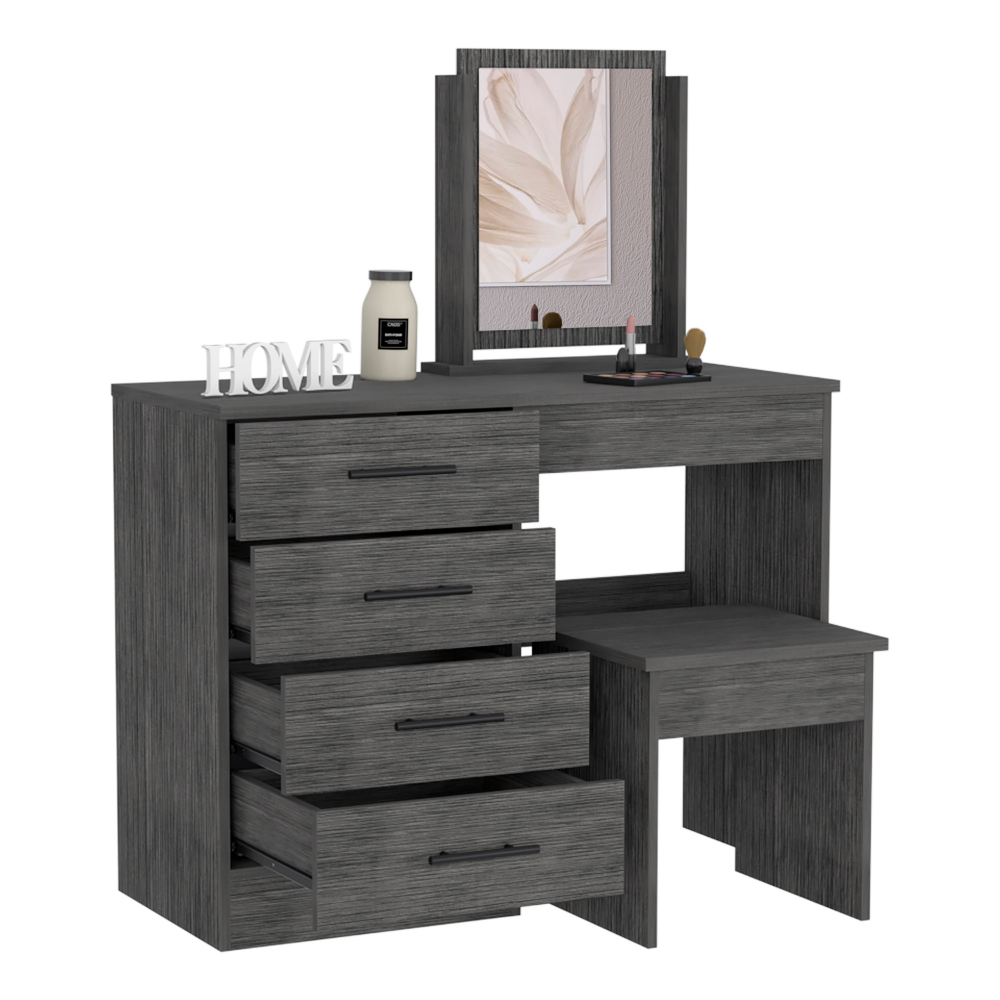 Kaia Makeup Vanity, Four Drawers, One Mirror, Stool -Smokey Oak