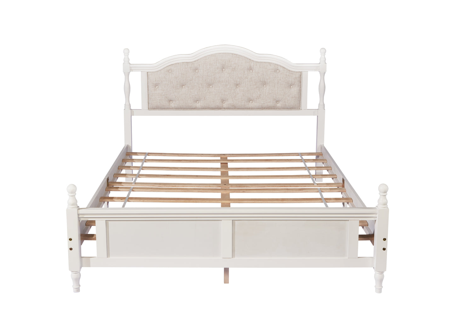 Queen Pine wooden Bed with Upholstered Headboard  and Panel Footboard, with  Two Bed Rail Support Feet and Central Platform Support Feet ,White