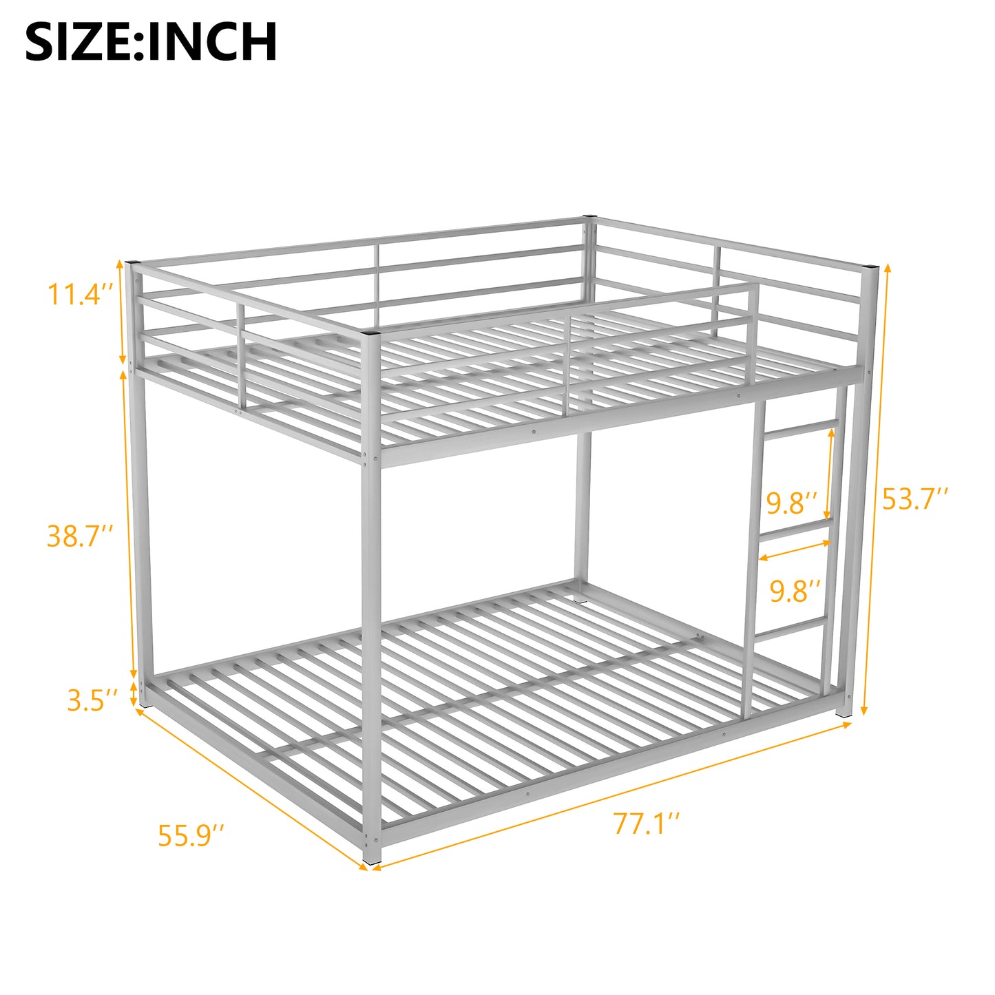 Full over Full Metal Bunk Bed, Low Bunk Bed with Ladder, Silver(Old SKU:MF197034AAN)