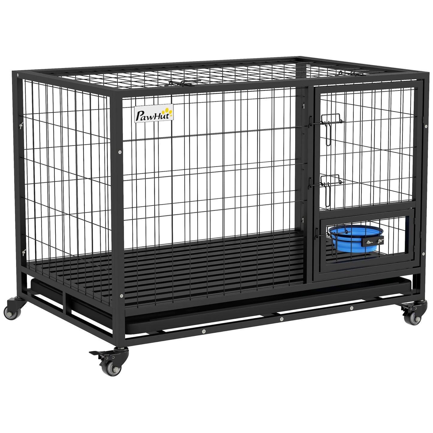 PawHut 43" Heavy Duty Dog Crate with Bowl Holder, Strong Steel Dog Crate with Wheels, Detachable Door, Openable Top and Removable Tray for Large and Extra Large Dogs, Black