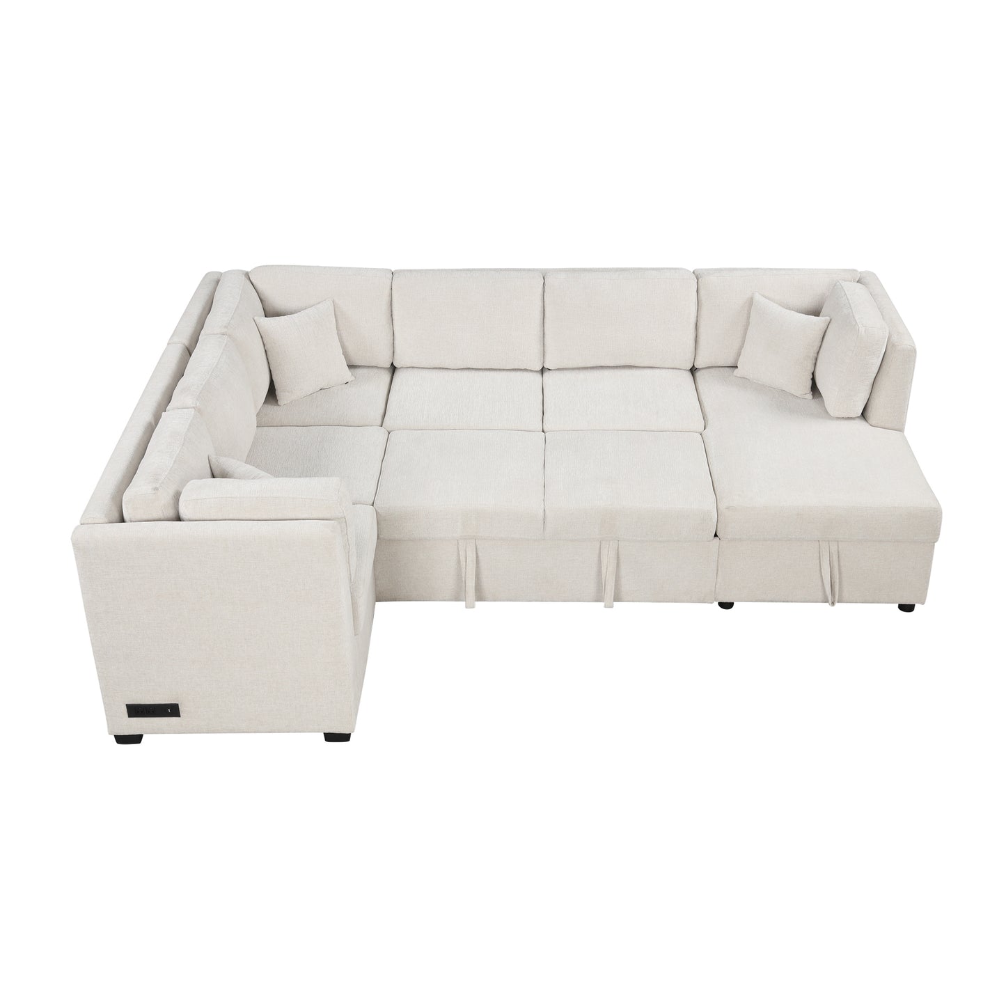 108.6" U-shaped Sectional Sofa Pull out Sofa Bed with Two USB Ports, Two Power Sockets, Three Back Pillows and a Storage Chaise for Living Room, Beige