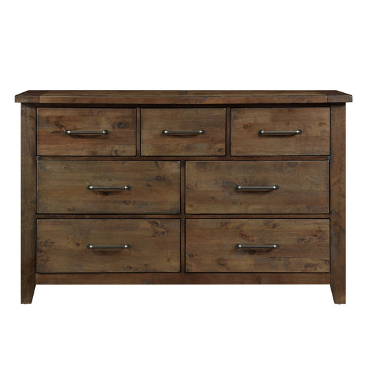 Classic Burnished Brown Dresser 1pc Solid Rubberwood 7 Drawers Transitional Design Bedroom Furniture Rustic Look
