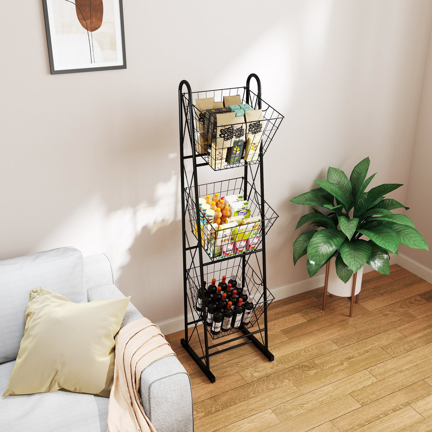 3-Tier Kitchen Storage Basket Organizer, Freestanding Metal Wire Rack for Fruit, Vegetables, and Pantry Items