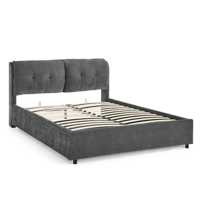 Queen Size Storage Upholstered Hydraulic Platform Bed with Integrated Headboard, Chenille Fabric, Gray