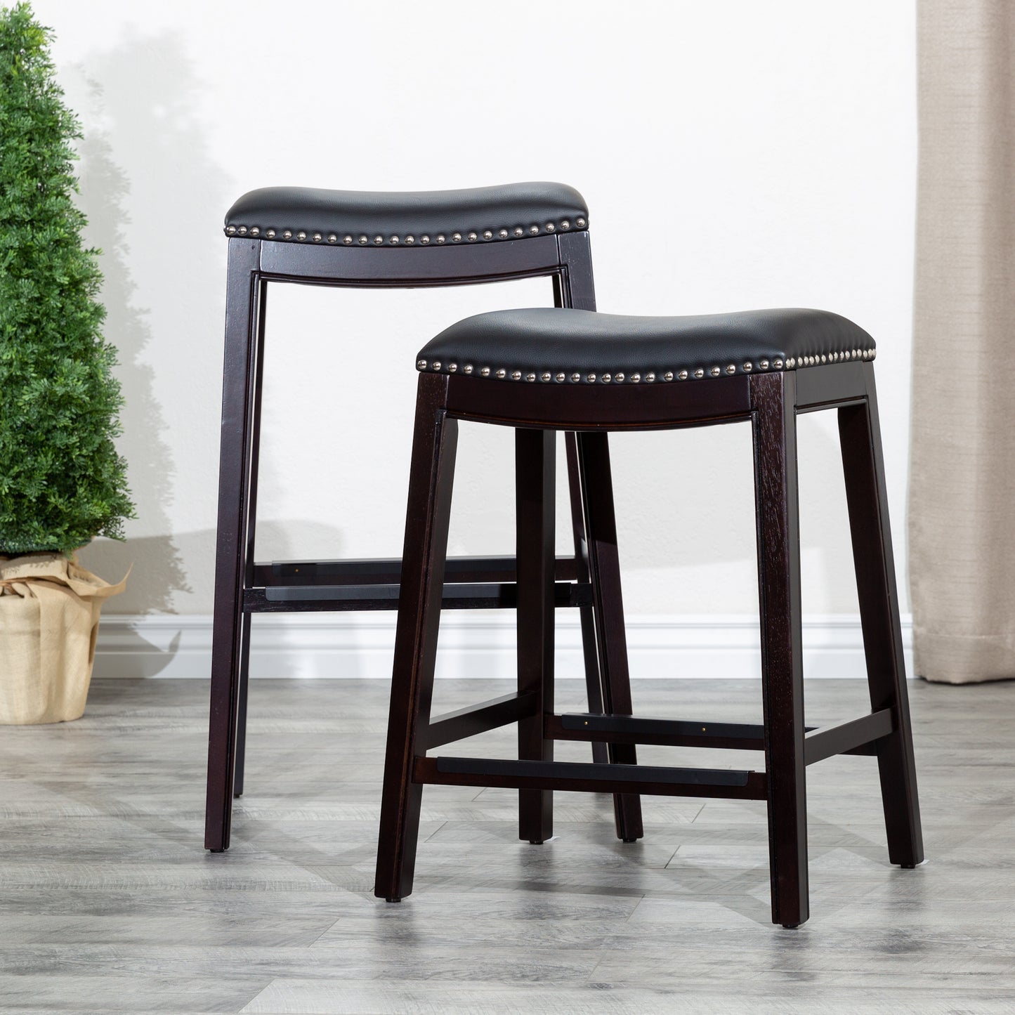 24" Counter Stool, Espresso Finish, Black Leather Seat