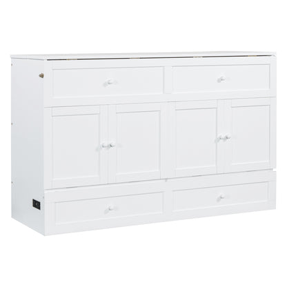 Queen Size Murphy Bed with Large Drawers, White