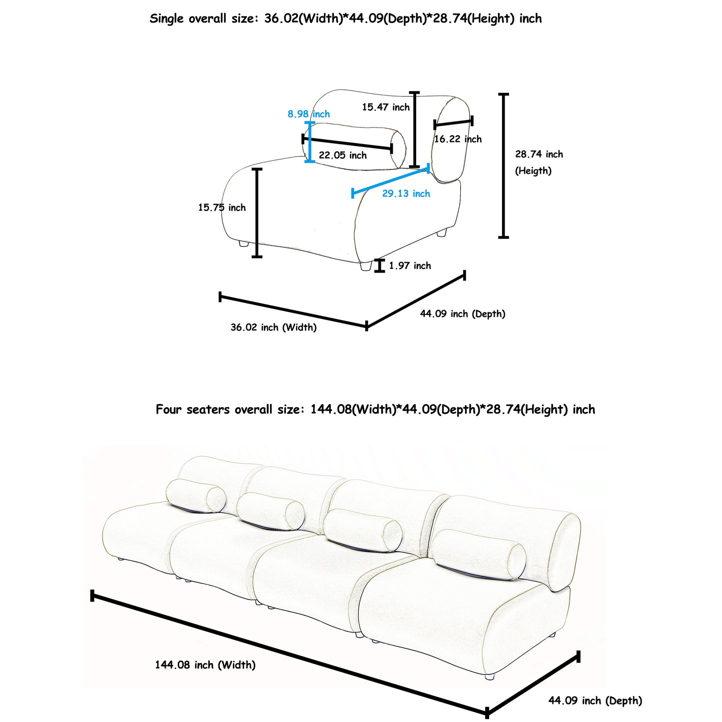 Black Modular L-Shaped Sofa with Moveable Headrests – Modern Chenille Fabric Sectional Couch with Hidden Legs & Cylindrical Pillows – Perfect for Living Rooms, Large Seating, and Customizable Layouts