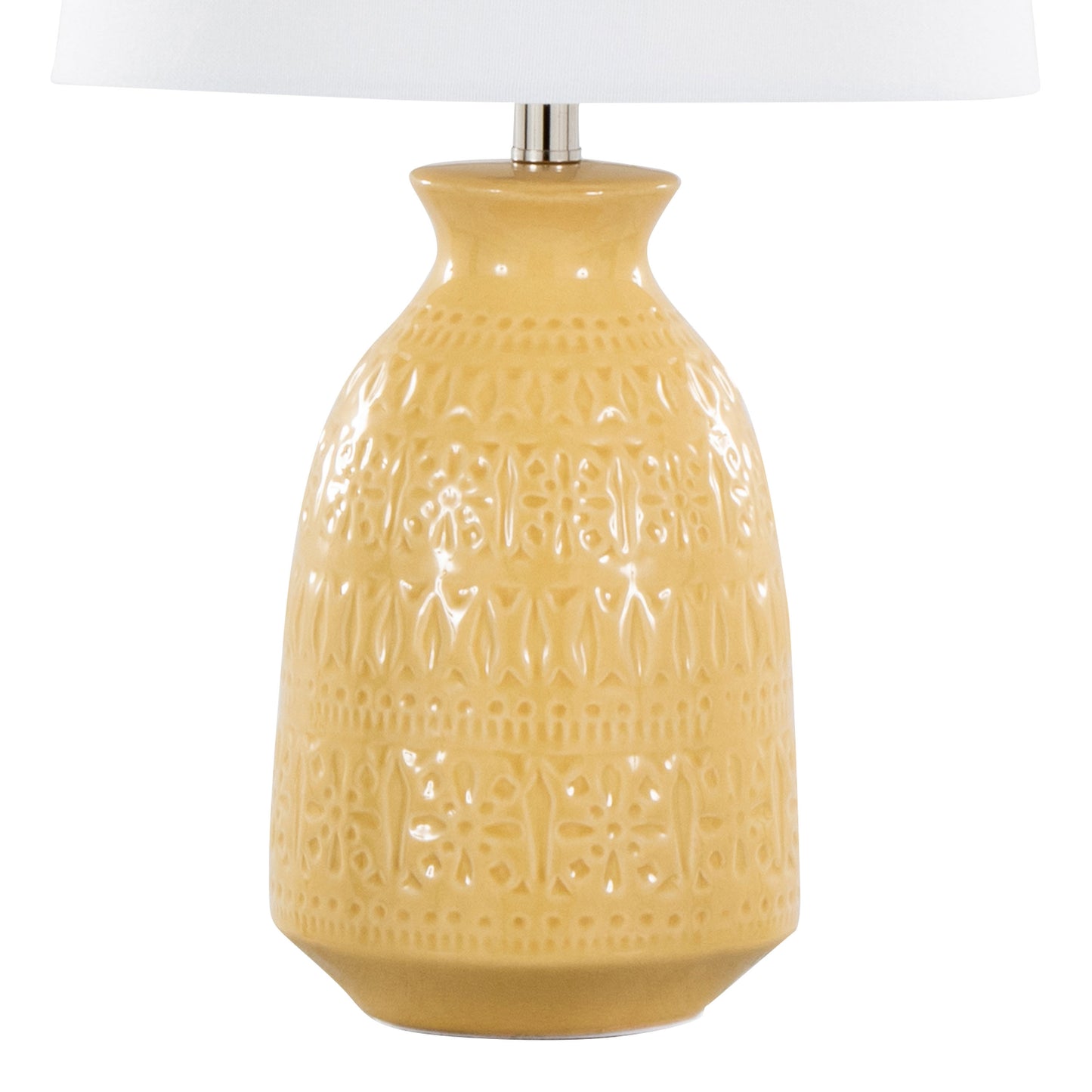 Claudia 20" Contemporary Ceramic Accent Lamp in Misted Yellow Ceramic, Polished Nickel Accents and White Linen Shade from Grandview Gallery by LumiSource - Set of 2