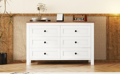 Retro Farmhouse Style Wooden Dresser with 6 Drawer, Storage Cabinet for Bedroom, White+Brown