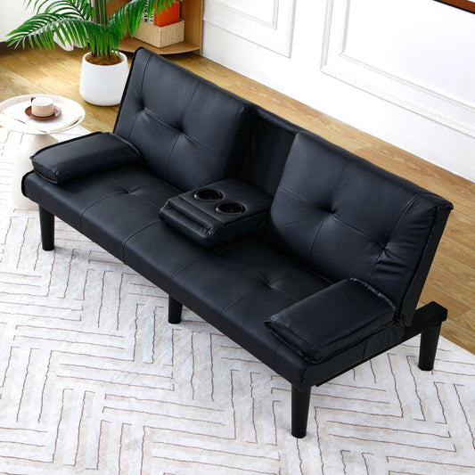 The 67-inch black PVC multi-functional sofa bed with a foldable and cup holder design makes it extremely convenient to turn the living room into a guest room