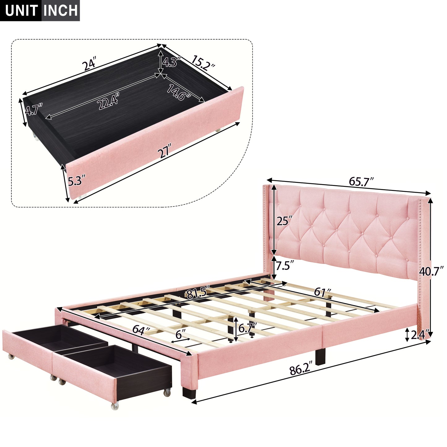 Queen Size Storage Bed Linen Upholstered Platform Bed with Two Drawers - Pink