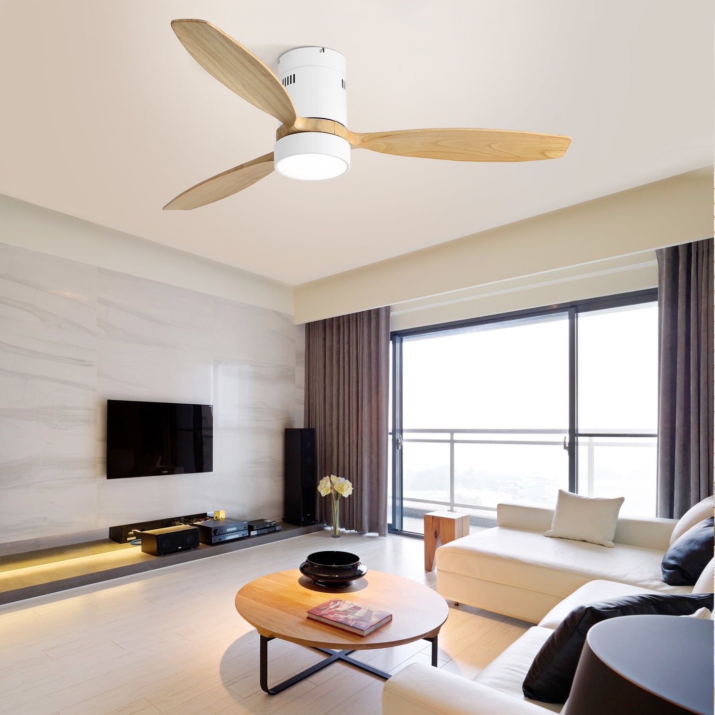 52 Inch Flush Mount Ceiling Fan DC 3 Solid Wood Fan Blade Noiseless Reversible Motor Remote Control With Light