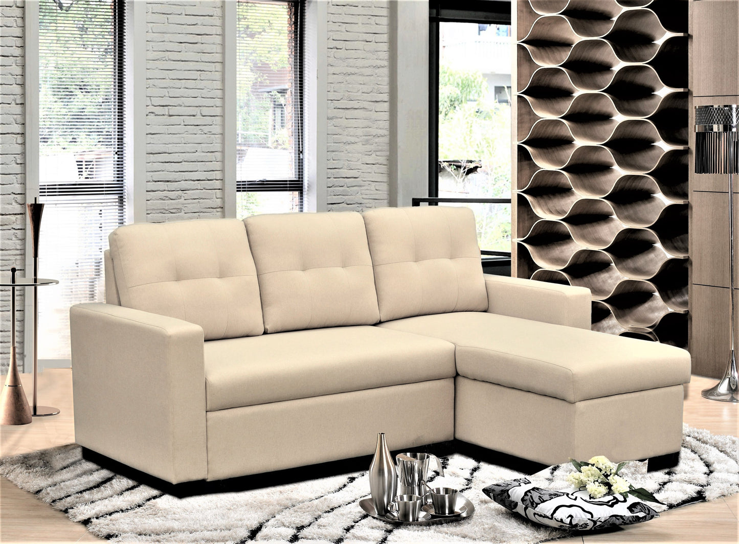 Container Furniture Direct Convertible L-Shaped Sectional Sleeper Sofa Bed, Stylish Apartment Furniture, Saving Pull Out Couch for Small Spaces and Living Rooms, Beige