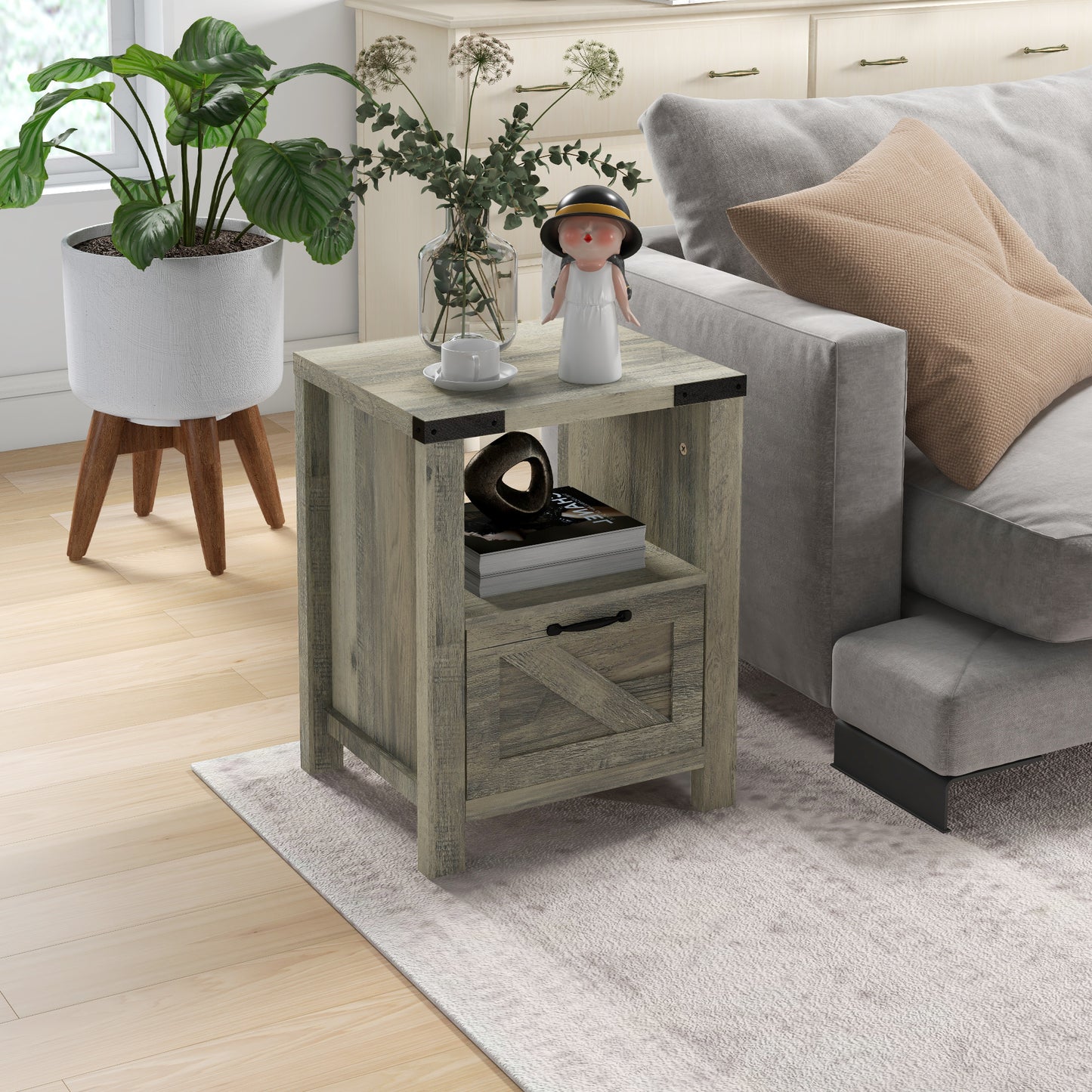 HOMCOM Farmhouse End Table, Rustic Side Cabinet with Storage, Small Side Table with Drawer, Wood Effect Tabletop for Living Room, Gray