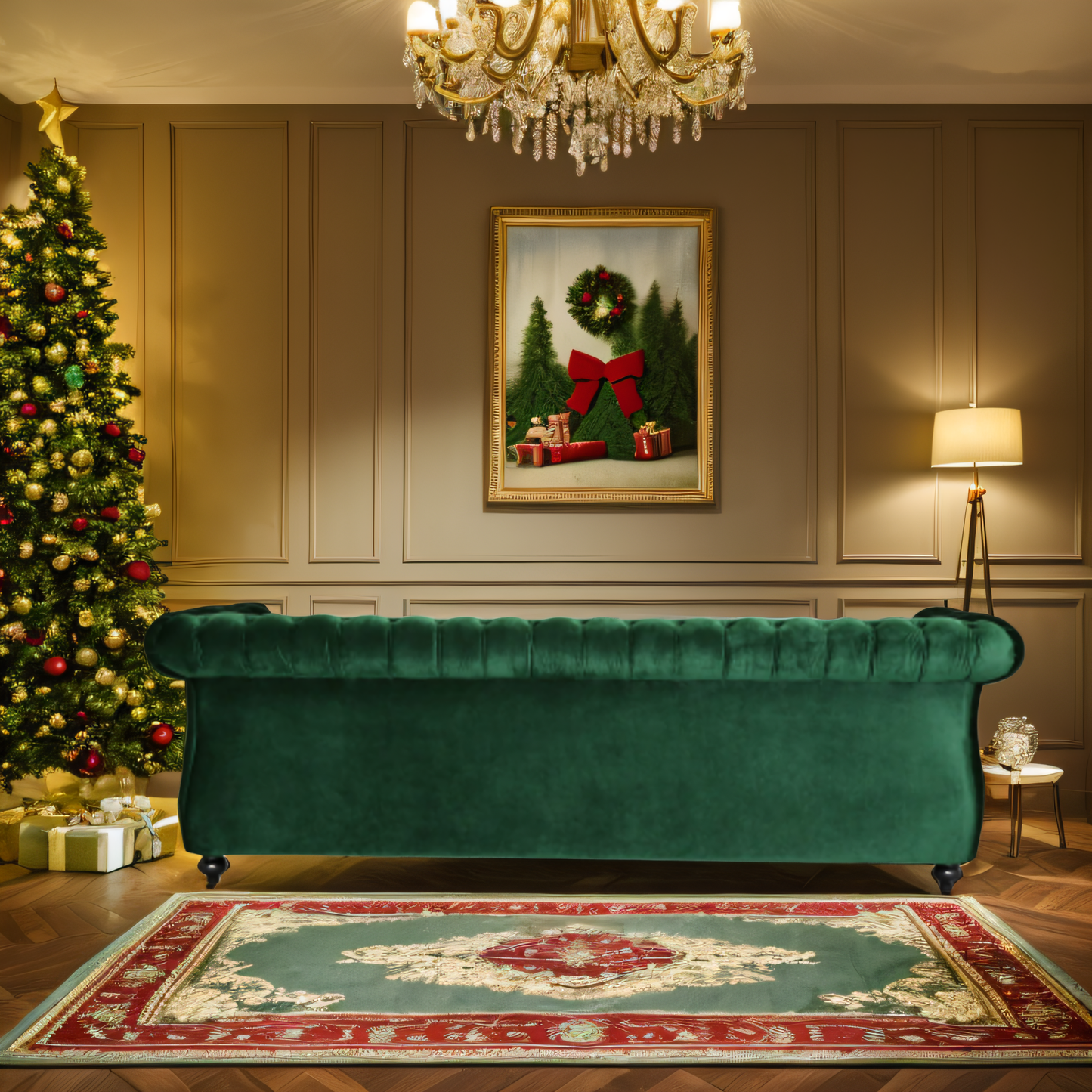 Durable 3-Seater Emerald Velvet Sofa, Combining Luxurious Comfort with Christmas Design, Perfect for Elegant Living Spaces, Featuring Plush Upholstery for Relaxation and a Touch of Sophisticated Style