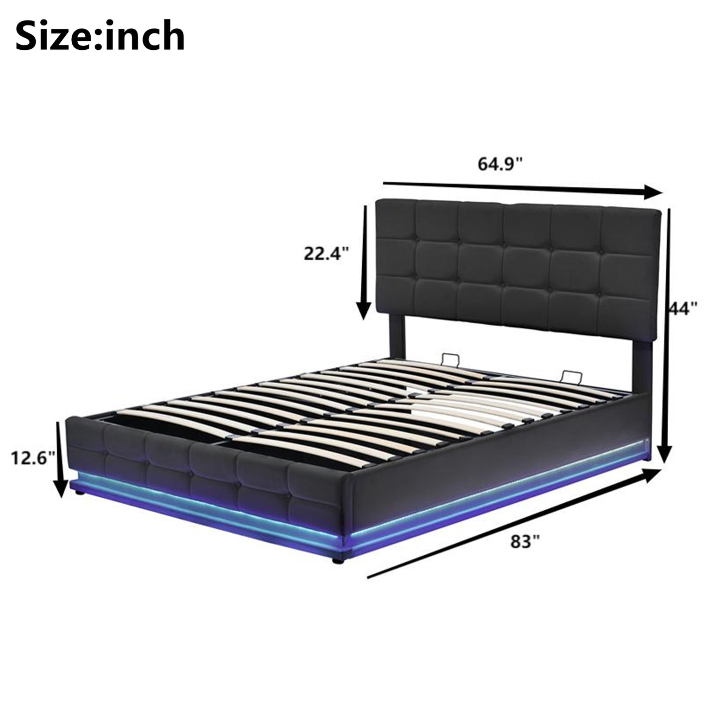 Tufted Upholstered Platform Bed with Hydraulic Storage System,Queen Size PU Storage Bed with LED Lights and USB charger, Black