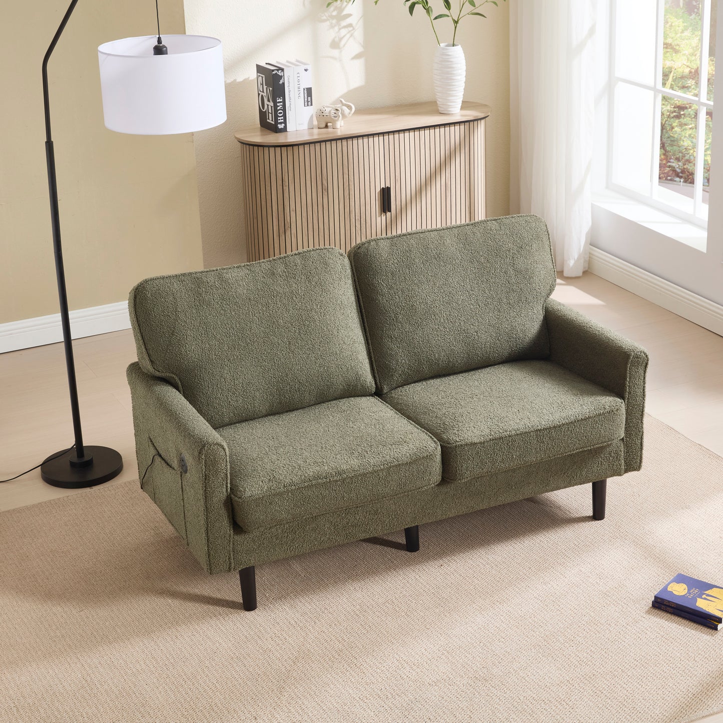 COOLMORE Loveseat Sofa, Mid Century Modern Love Seat, 2 Seater Sofa Couches for Living Room, Small Couch with USB & Removable Pillow Cover, Comfy Couch for Bedroom, Apartment (Green)