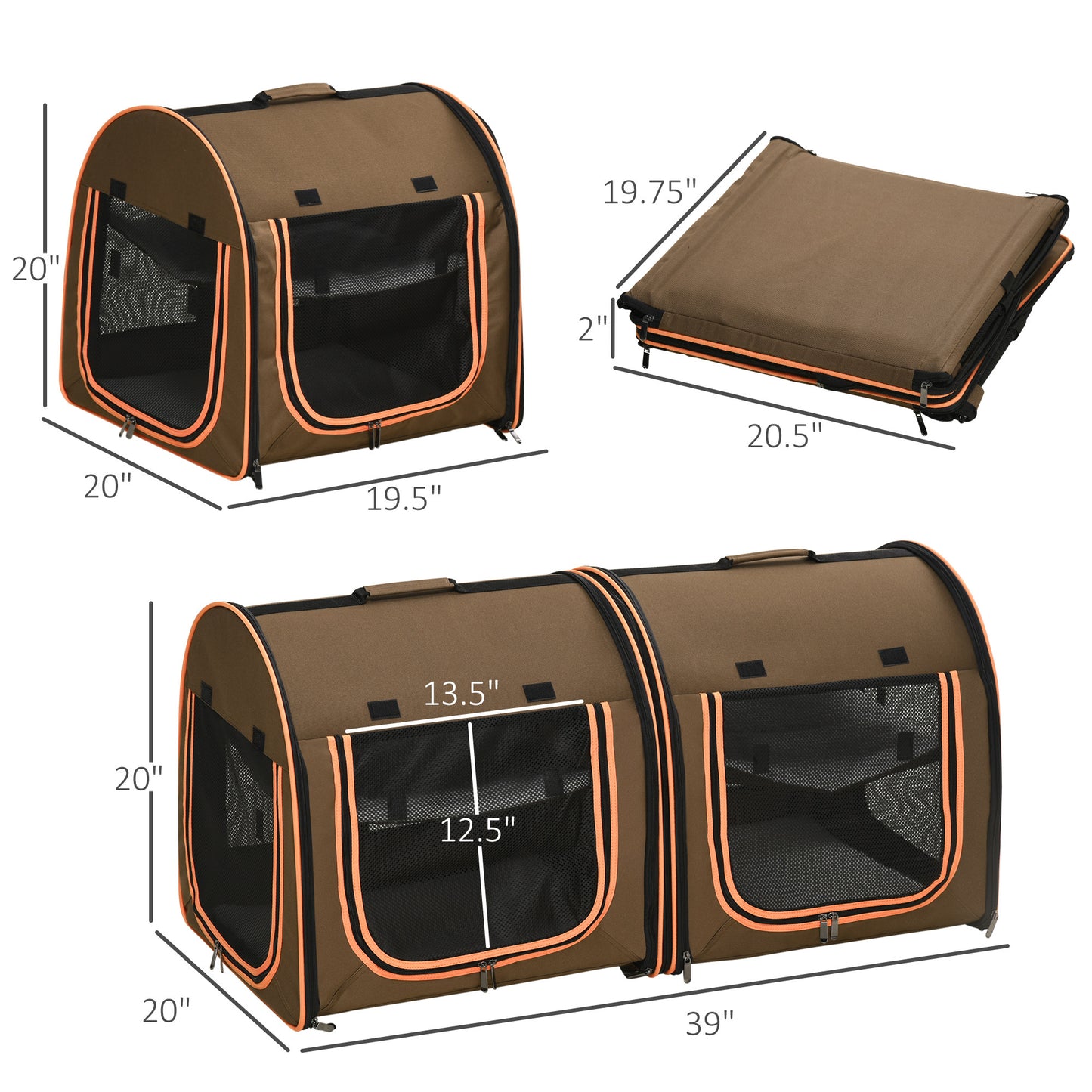 PawHut 39" Portable Soft-Sided Pet Cat Carrier with Divider, Two Compartments, Soft Cushions, & Storage Bag, Brown