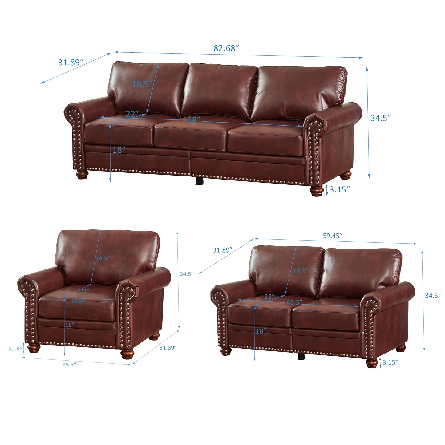 Living Room Sofa with Storage Sofa 1+2+3 Sectional Burgundy Faux Leather