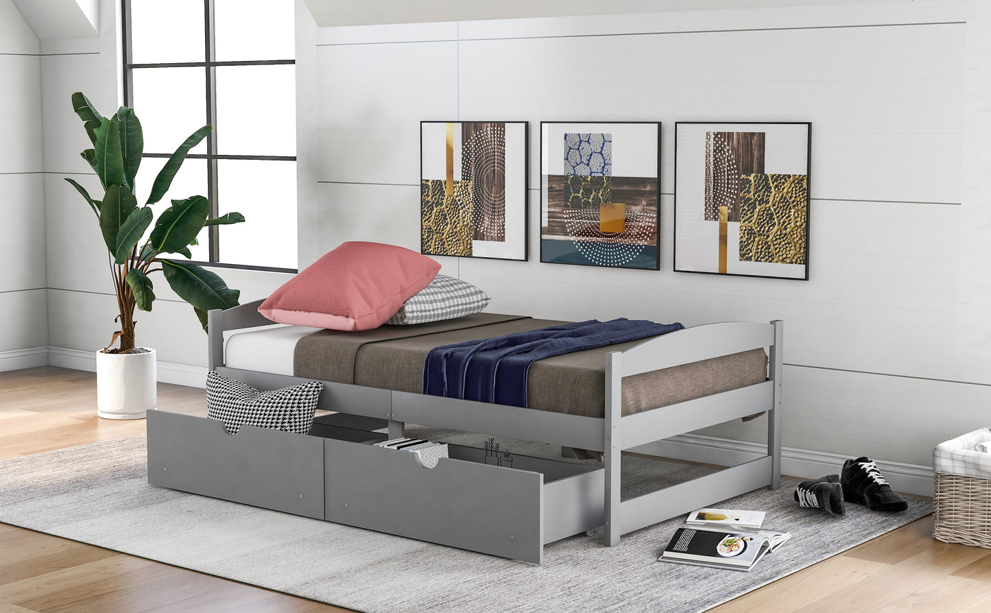 Twin size platform bed, with two drawers, gray