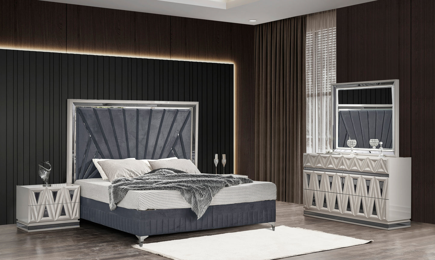 Lavita Modern & Contemporary Style 4 Pc Queen Upholstered Bedroom Set Made with Wood and Gold Accents in River Sand Grey