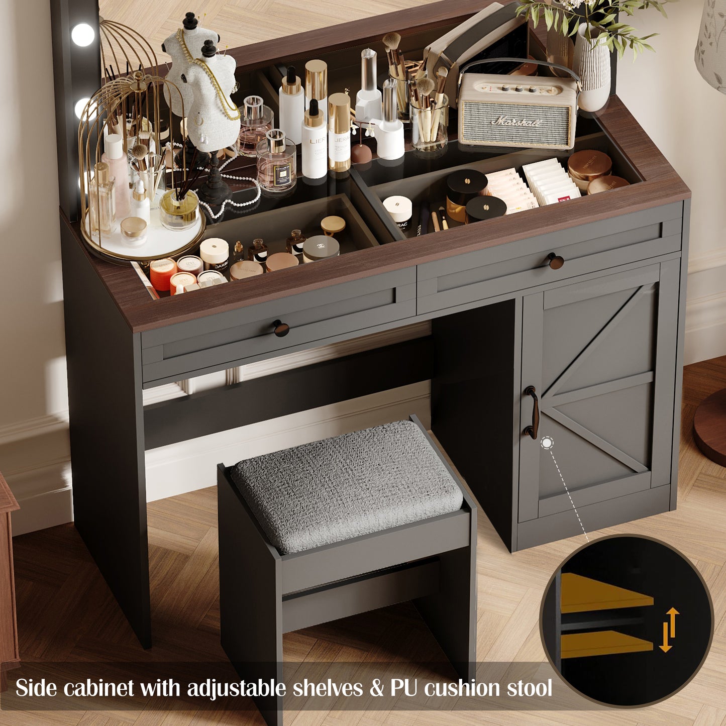 43.4"Makeup Vanity Table, Makeup Table with Large Mirror and 11 LED Light , Brightness Adjustable, Dressing Table Desk with 3 Drawers, Vanity Desk for Women(Black with Stool)