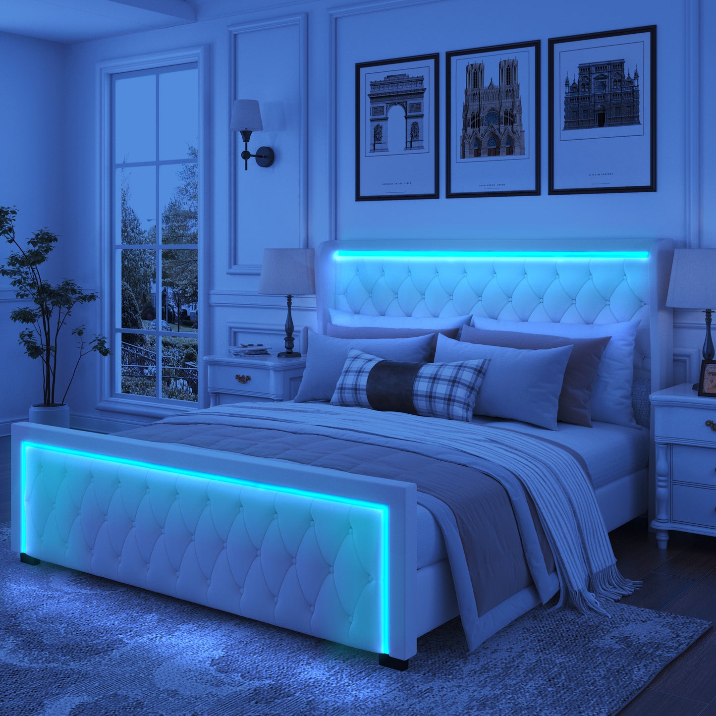 Queen Platform Bed Frame With High headboard, Velvet Upholstered Bed with Deep Tufted Buttons, Adjustable Colorful LED Light Decorative Headboard, Wide Wingbacks,GREY